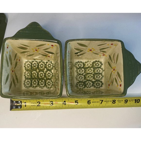 Set 2 Temptations Tara Old World Green 10 oz Square Ceramic Ramekins Lid Covered - Picture 4 of 6